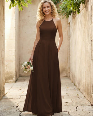 Halter Chiffon A Line Long Bridesmaid Dresses