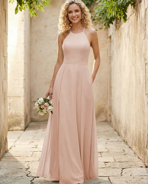 Halter Chiffon A Line Long Bridesmaid Dresses