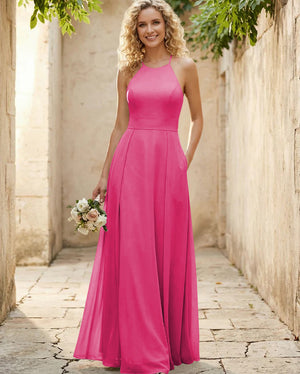 Halter Chiffon A Line Long Bridesmaid Dresses