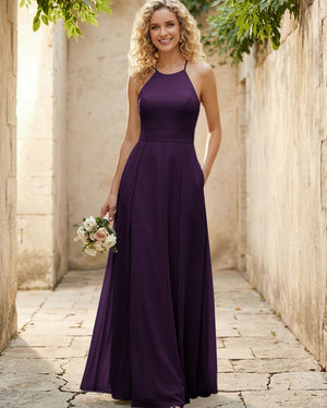 Halter Chiffon A Line Long Bridesmaid Dresses