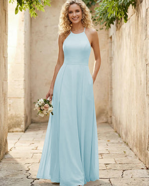 Halter Chiffon A Line Long Bridesmaid Dresses