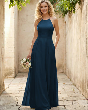 Halter Chiffon A Line Long Bridesmaid Dresses