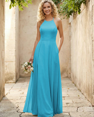 Halter Chiffon A Line Long Bridesmaid Dresses