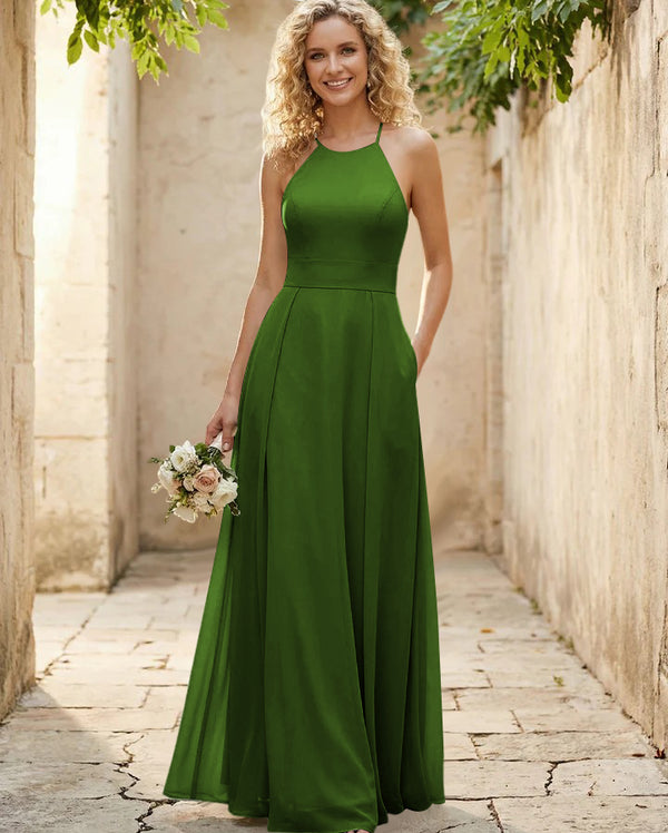 Halter Chiffon A Line Long Bridesmaid Dresses
