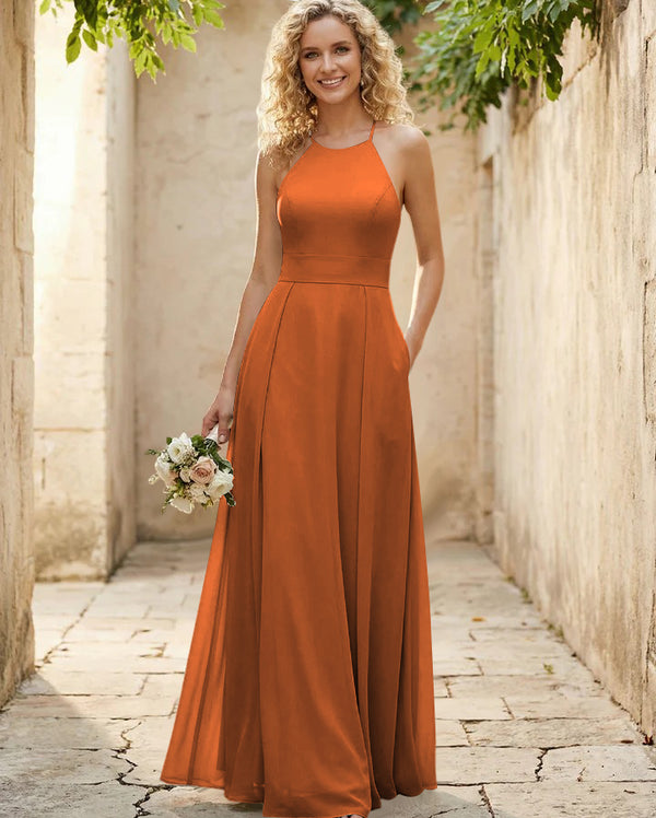 Halter Chiffon A Line Long Bridesmaid Dresses