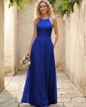 Halter Chiffon A Line Long Bridesmaid Dresses