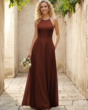 Halter Chiffon A Line Long Bridesmaid Dresses