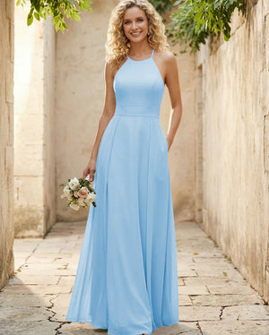 Halter Chiffon A Line Long Bridesmaid Dresses