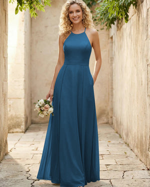 Halter Chiffon A Line Long Bridesmaid Dresses