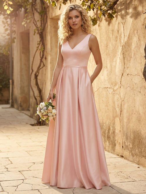 Satin V Neck A Line Long Bridesmaid Dresses with Pockets