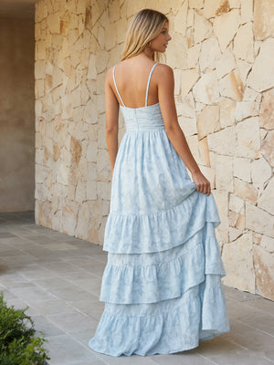 Floral Spaghetti Straps V Neck Tiered Wedding Guest Dresses