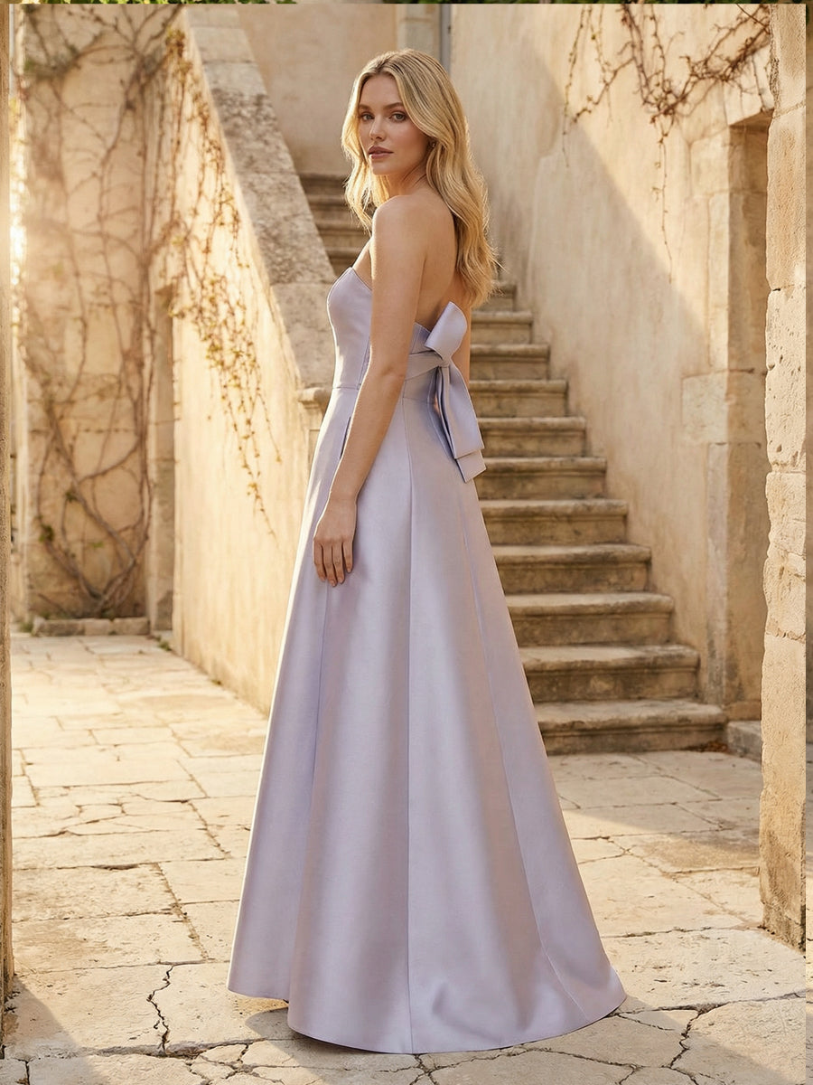 Satin Strapless Sheath Split Bridesmaid Dresses with Bow