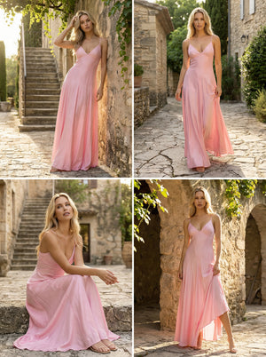 Satin Spaghetti Straps A Line V Neck Bridesmaid Dresses