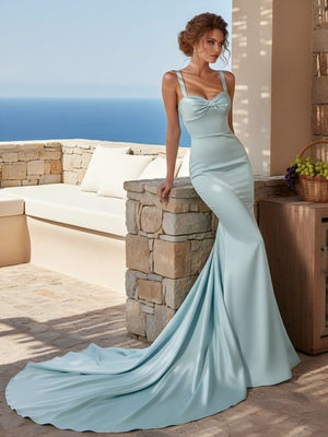 Bow Spaghetti Straps Sweetheart Mermaid Satin Formal Dresses