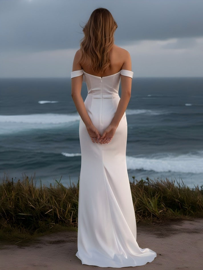 Sweetheart Off the Shoulder Pleated Mermaid Satin Bridesmaid Dresses with Slit