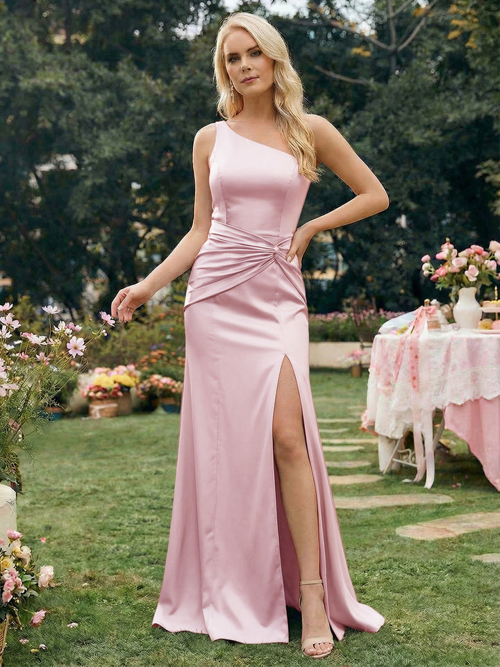Satin Mermaid One Shoulder Long Bridesmaid Dresses