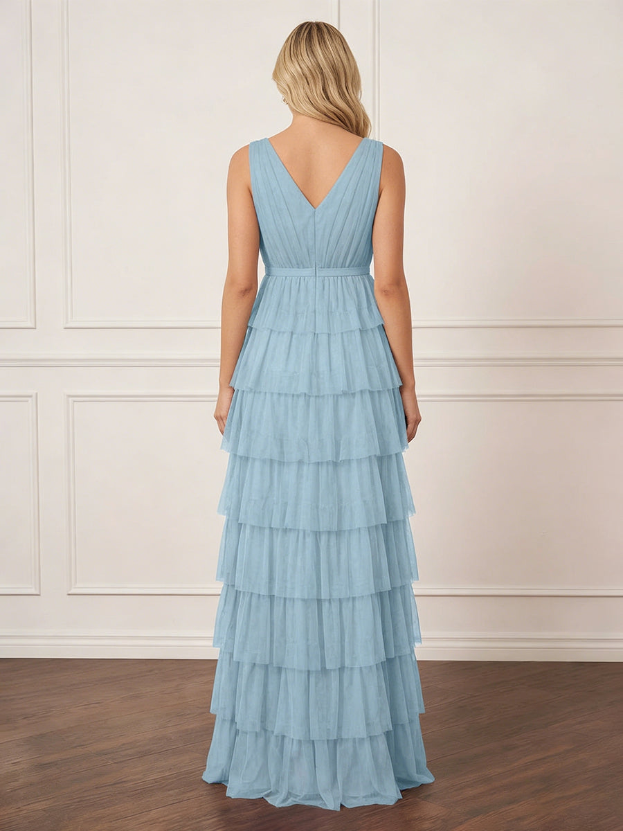 Tulle Tiered V Neck A Line Maxi Wedding Guest Dresses with Slit