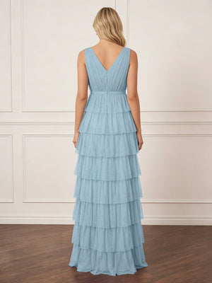 Tulle Tiered V Neck A Line Maxi Wedding Guest Dresses with Slit
