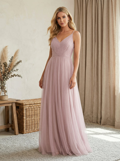 Tulle Spaghetti Straps A Line Maxi Bridesmaid Dresses with Backless Design