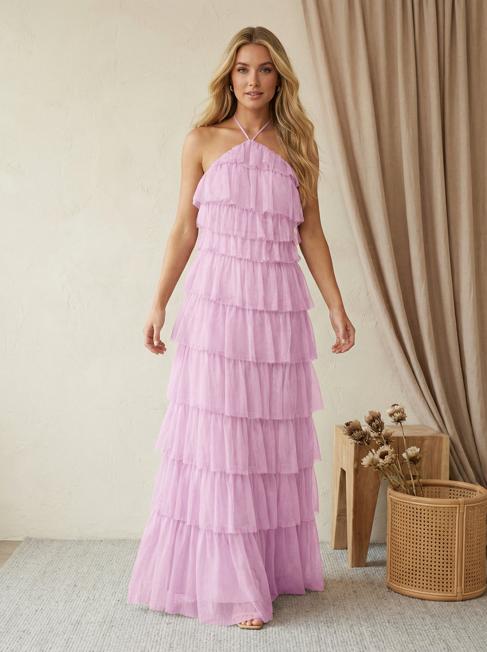 Tulle Halter A Line Maxi Bridesmaid Dresses with Tiered
