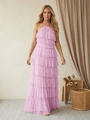 Tulle Halter A Line Maxi Bridesmaid Dresses with Tiered