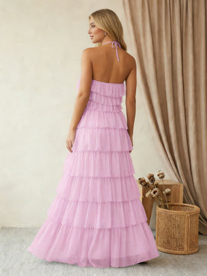 Tulle Halter A Line Maxi Bridesmaid Dresses with Tiered