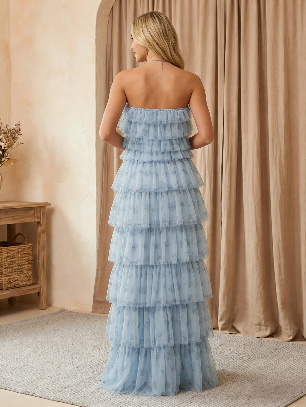 Tulle Halter Floral A Line Maxi Bridesmaid Dresses with Tiered