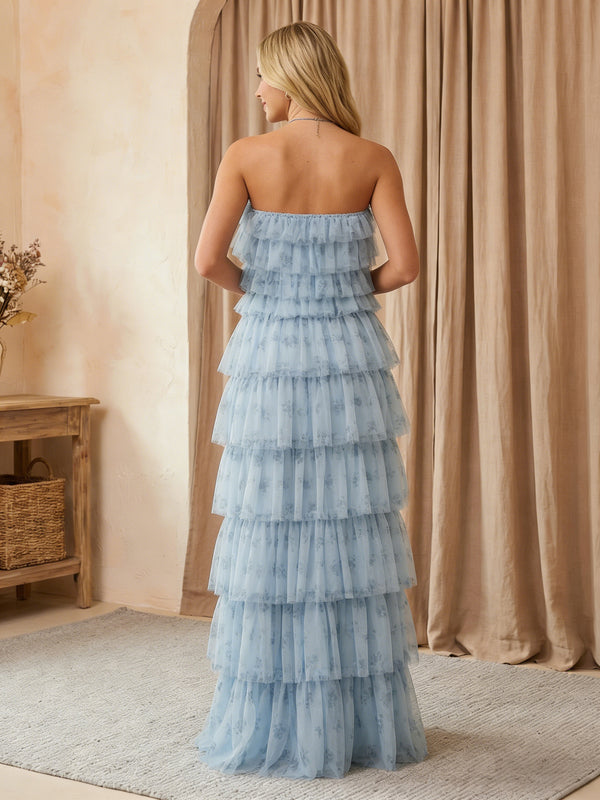 Tulle Halter Floral A Line Maxi Bridesmaid Dresses with Tiered