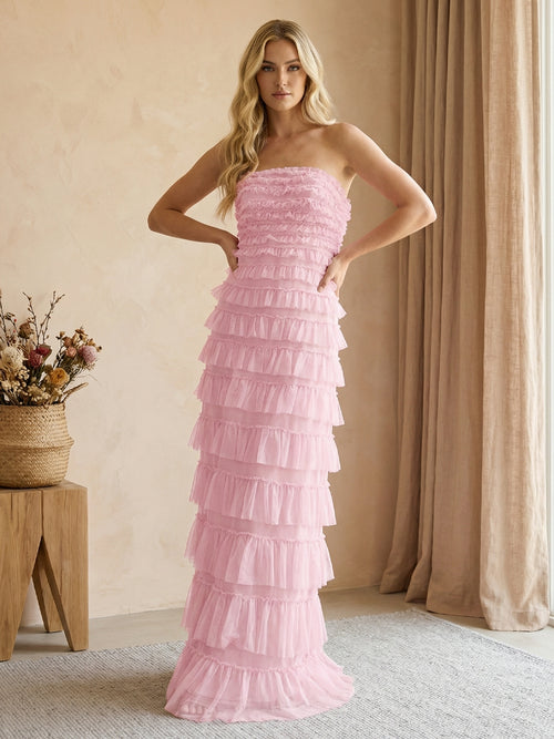 Tulle Strapless Mermaid Maxi Bridesmaid Dresses with Tiered