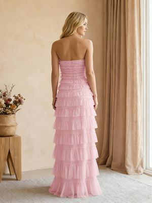 Tulle Strapless Mermaid Maxi Bridesmaid Dresses with Tiered