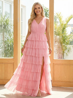 Tulle A Line V Neck Tiered Maxi Bridesmaid Dresses with Slit