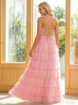 Tulle A Line V Neck Tiered Maxi Bridesmaid Dresses with Slit