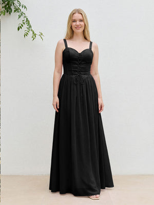 Chiffon A Line Spaghetti Straps Maxi Bridesmaid Dresses with Back Tie
