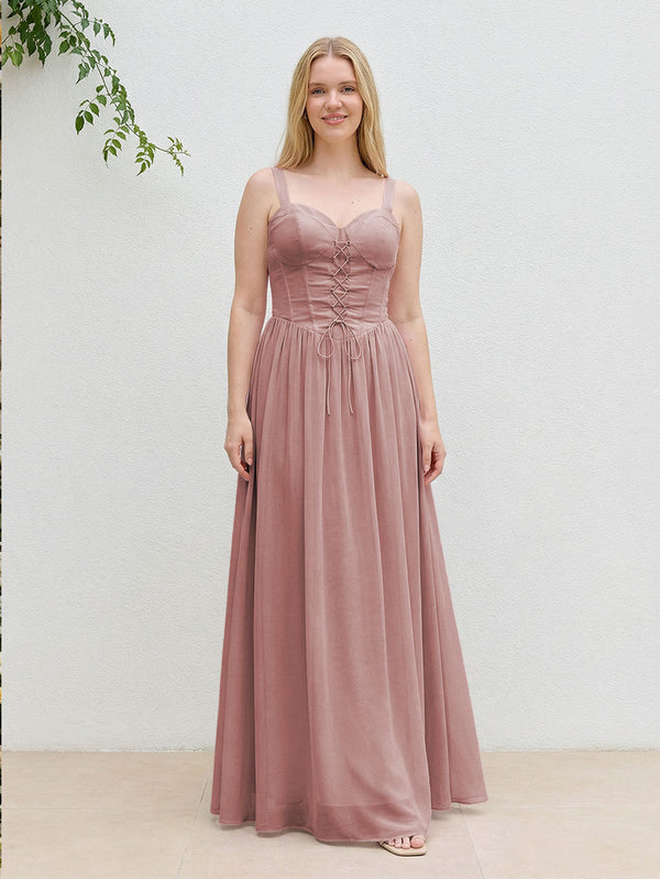 Chiffon A Line Spaghetti Straps Maxi Bridesmaid Dresses with Back Tie