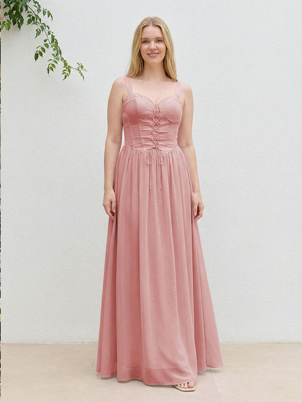 Chiffon A Line Spaghetti Straps Maxi Bridesmaid Dresses with Back Tie