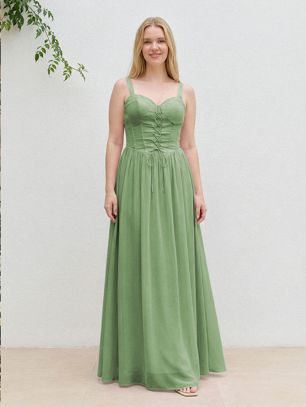 Chiffon A Line Spaghetti Straps Maxi Bridesmaid Dresses with Back Tie