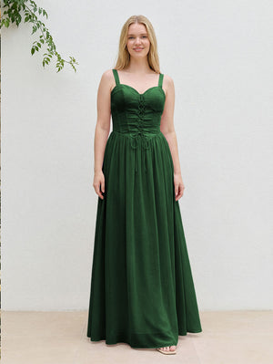 Chiffon A Line Spaghetti Straps Maxi Bridesmaid Dresses with Back Tie