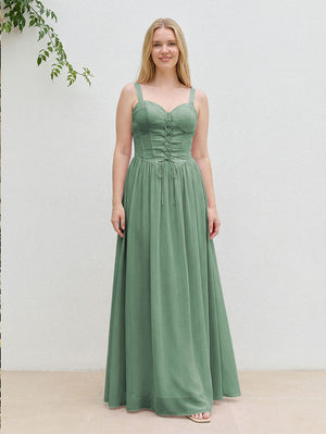 Chiffon A Line Spaghetti Straps Maxi Bridesmaid Dresses with Back Tie