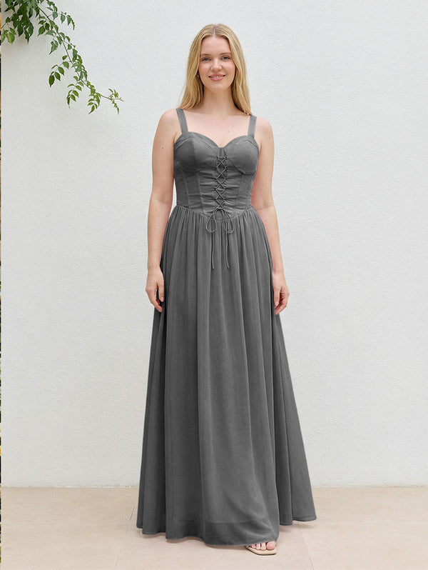 Chiffon A Line Spaghetti Straps Maxi Bridesmaid Dresses with Back Tie