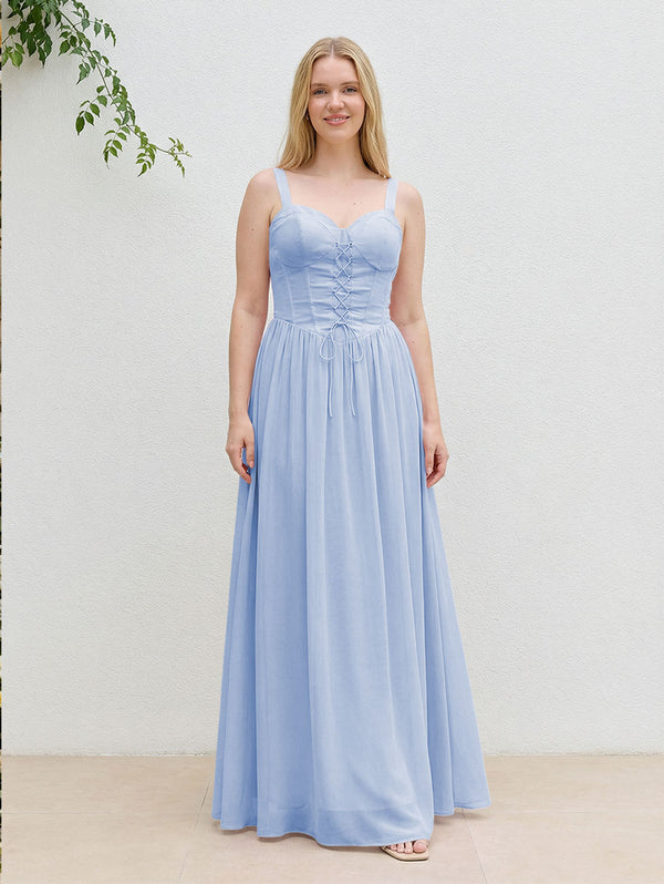 Chiffon A Line Spaghetti Straps Maxi Bridesmaid Dresses with Back Tie