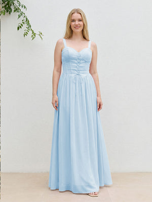 Chiffon A Line Spaghetti Straps Maxi Bridesmaid Dresses with Back Tie
