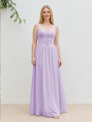 Chiffon A Line Spaghetti Straps Maxi Bridesmaid Dresses with Back Tie