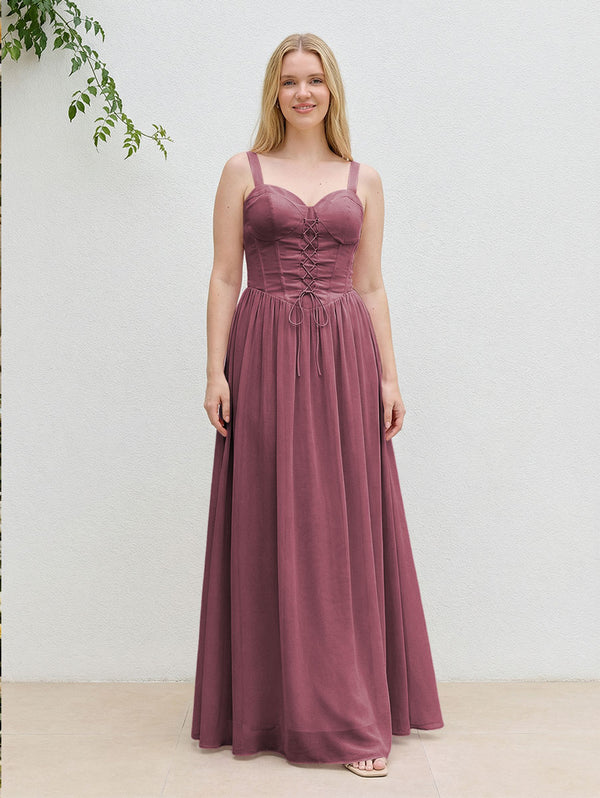 Chiffon A Line Spaghetti Straps Maxi Bridesmaid Dresses with Back Tie
