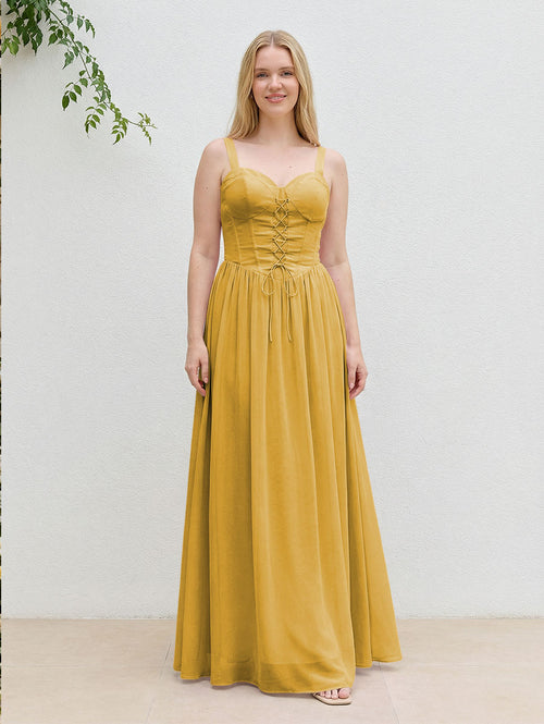 Chiffon A Line Spaghetti Straps Maxi Bridesmaid Dresses with Back Tie