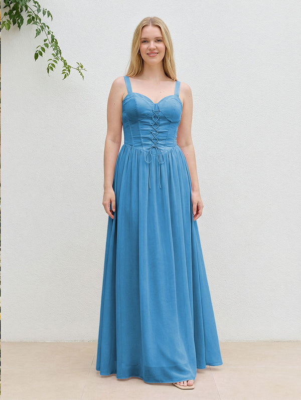 Chiffon A Line Spaghetti Straps Maxi Bridesmaid Dresses with Back Tie