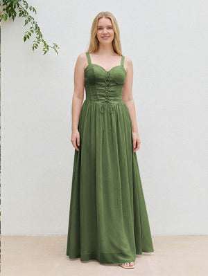 Chiffon A Line Spaghetti Straps Maxi Bridesmaid Dresses with Back Tie
