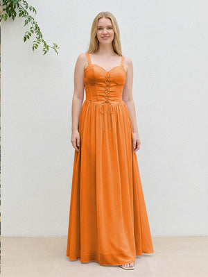 Chiffon A Line Spaghetti Straps Maxi Bridesmaid Dresses with Back Tie