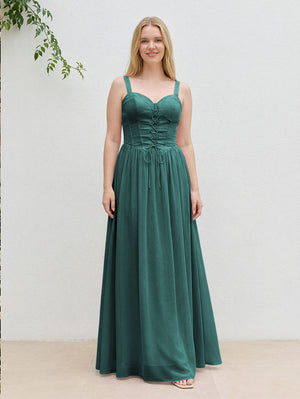 Chiffon A Line Spaghetti Straps Maxi Bridesmaid Dresses with Back Tie