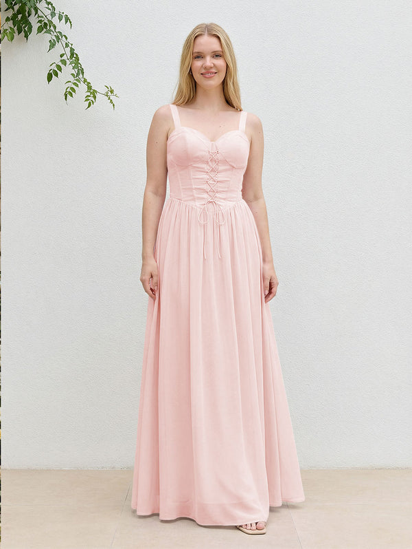 Chiffon A Line Spaghetti Straps Maxi Bridesmaid Dresses with Back Tie