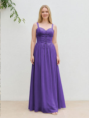 Chiffon A Line Spaghetti Straps Maxi Bridesmaid Dresses with Back Tie